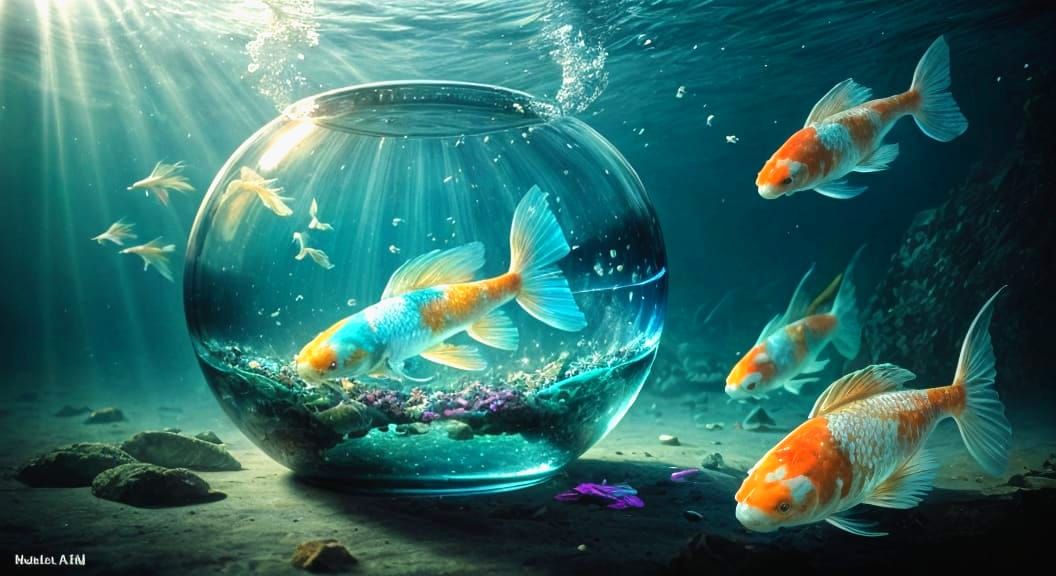 Surreal Iridescent Koi in Fishbowls, Biopunk Art