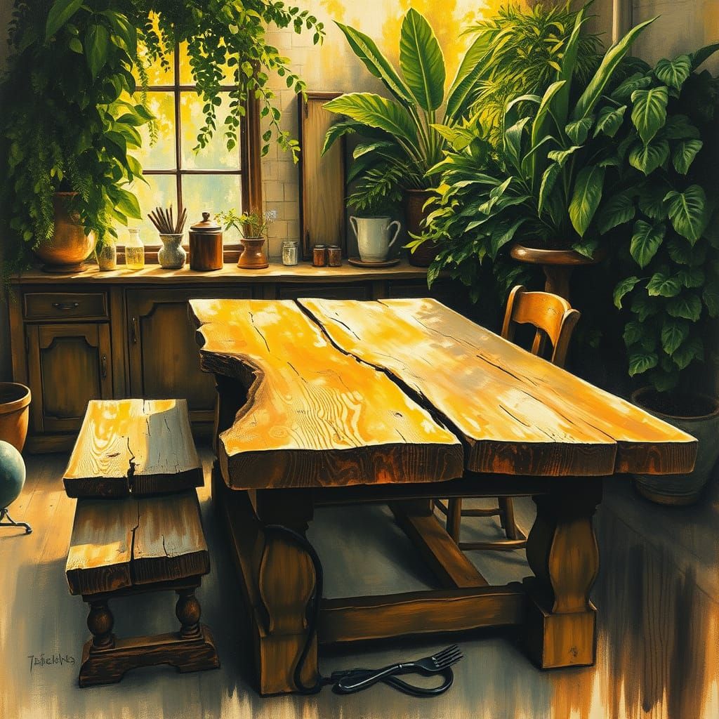 Rustic Kitchen Table: Gouache and Watercolor Charcoal Drawin...