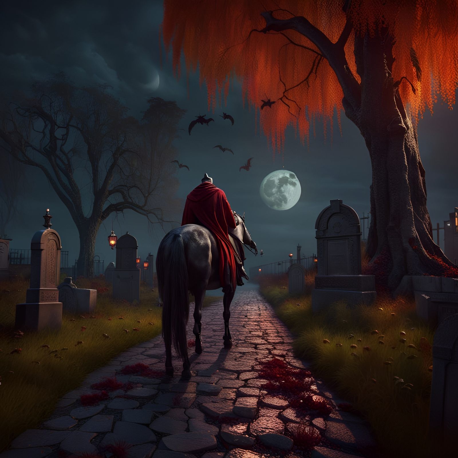 Headless Horseman Cemetery Scene in Fantasy Art Style