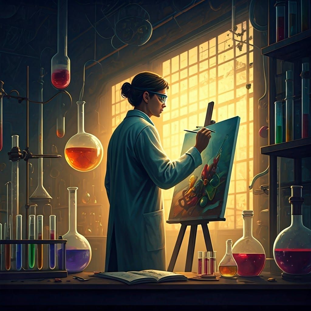 Painter in Lab Coat Paints Still Life