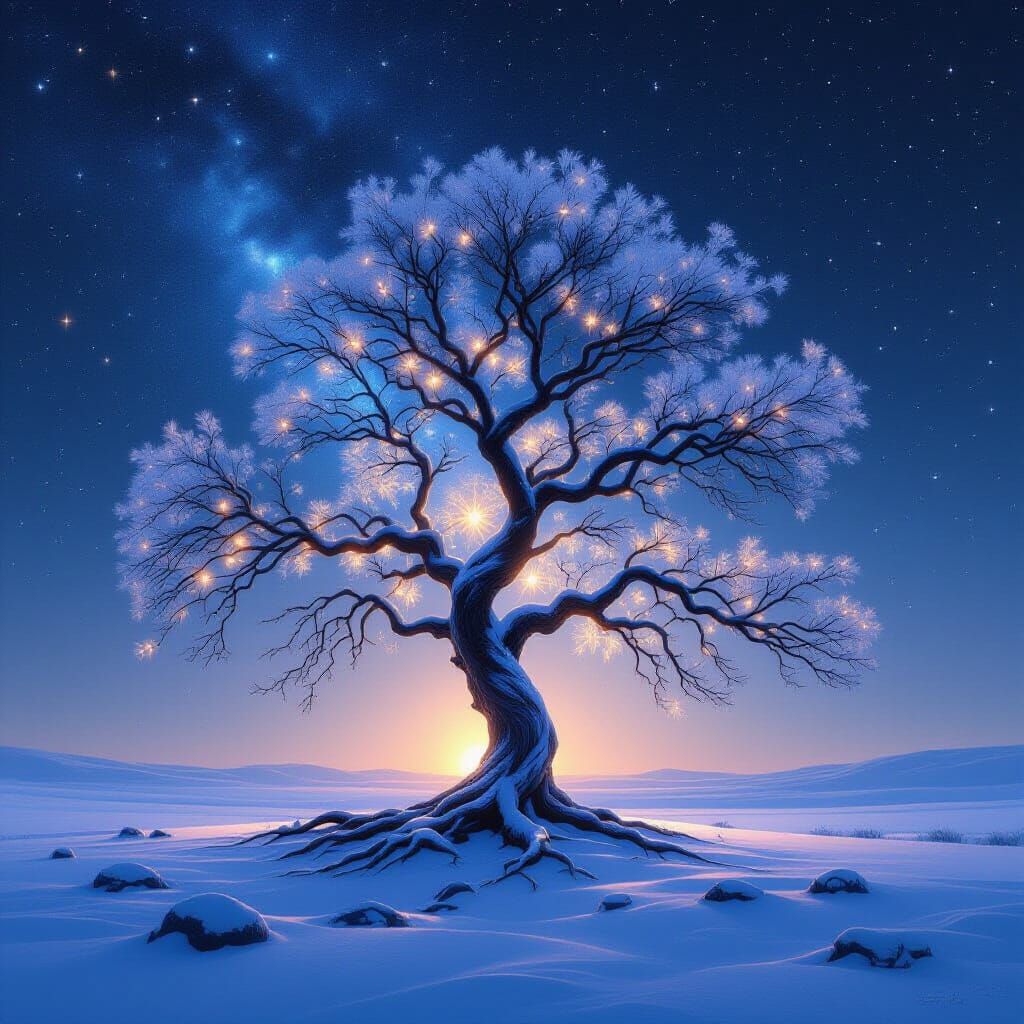Ancient Tree Under Starry Nebula Sky
