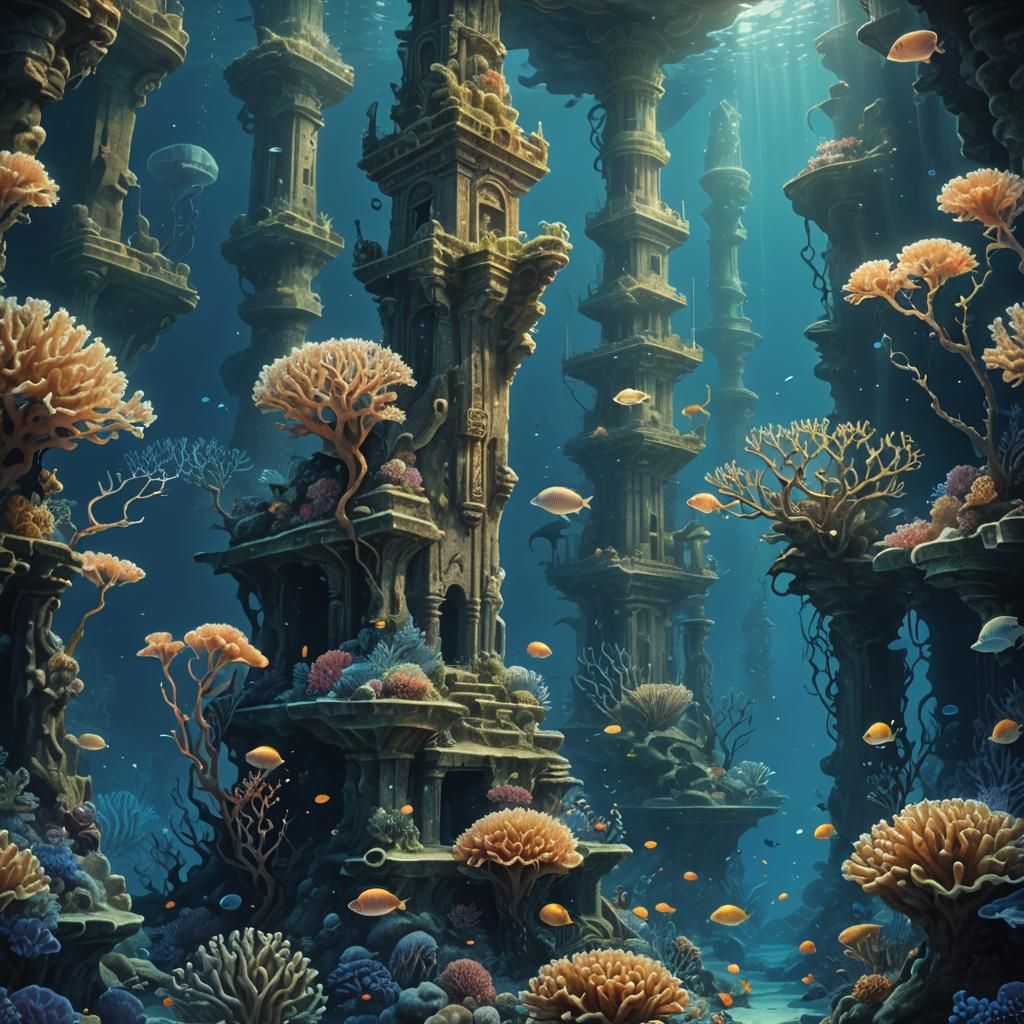 Bioluminescent Aquatic Life Amidst Submerged Ruins