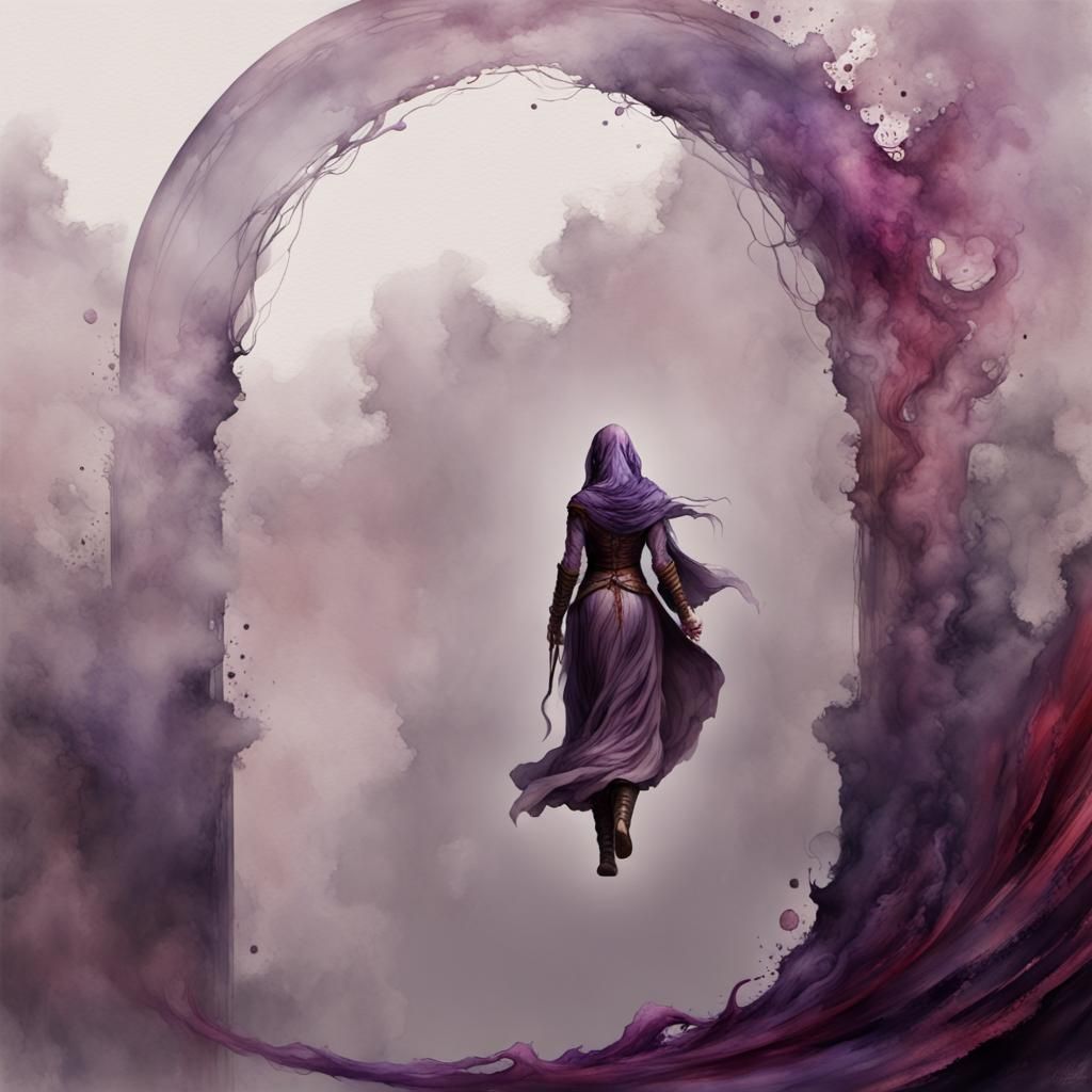 Veiled Woman Approaching Arch in Dark Fantasy Style