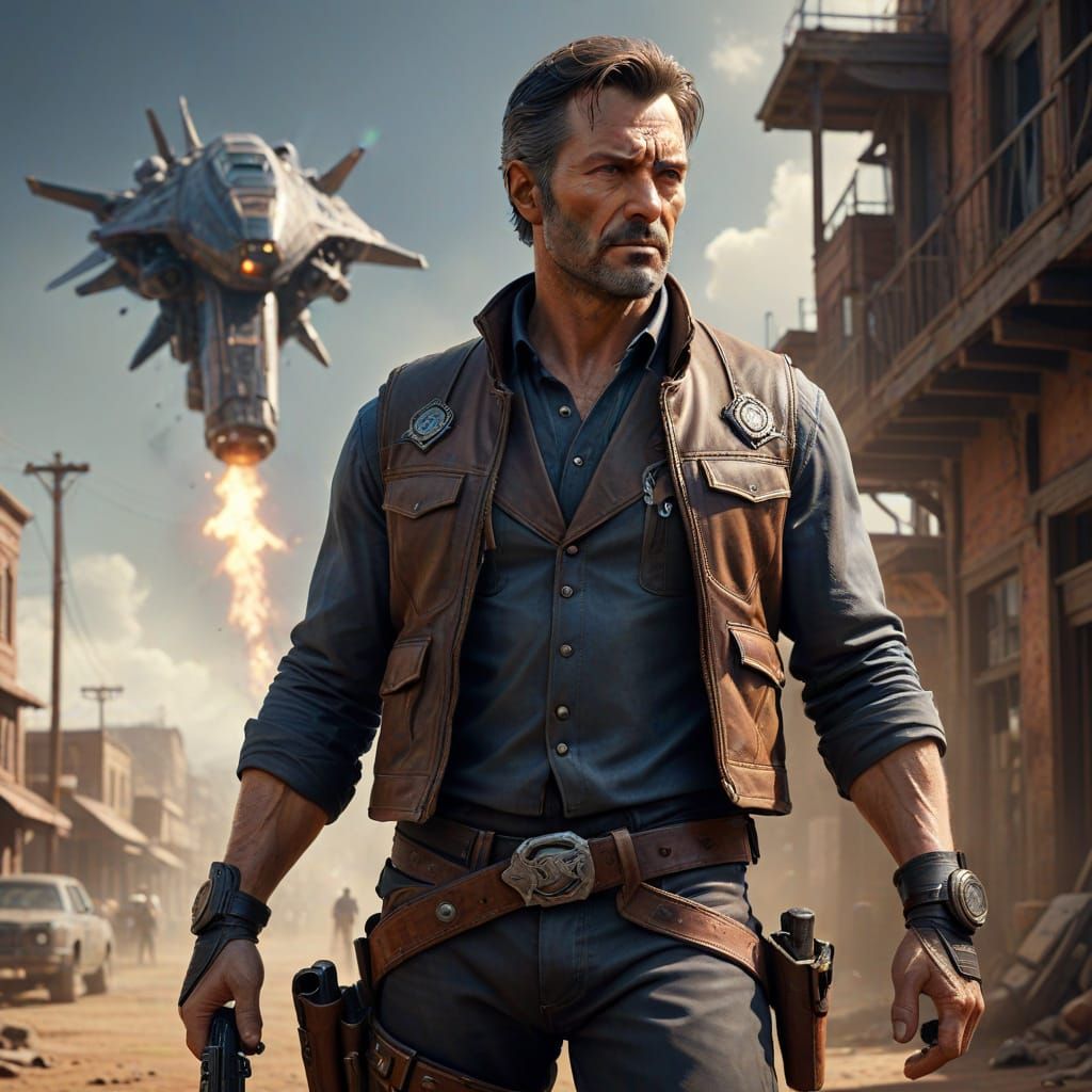 Sci-Fi Gunslinger in Dusty Town Under Starry Skies