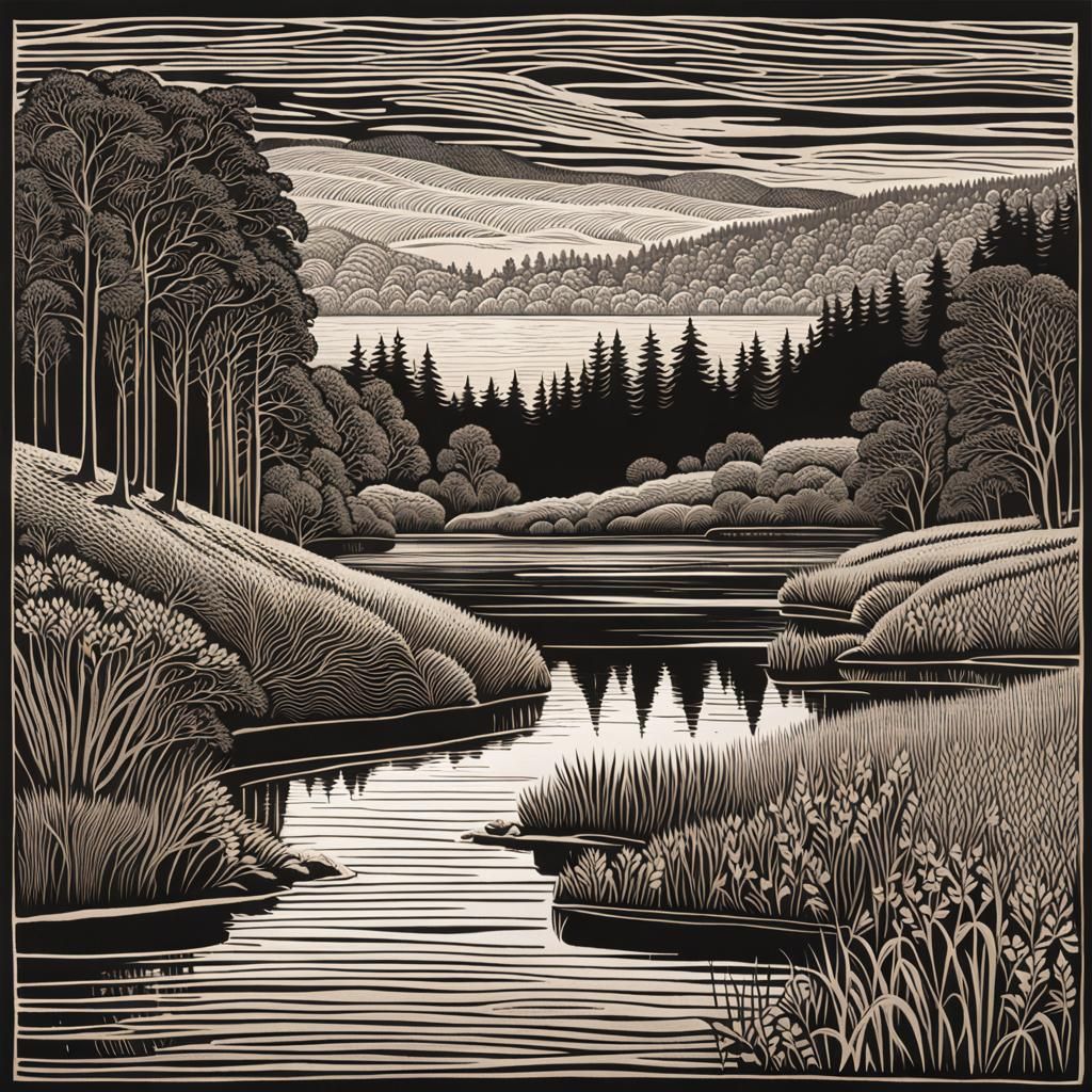 Lake Landscape Reflected: Wood Engraving Art