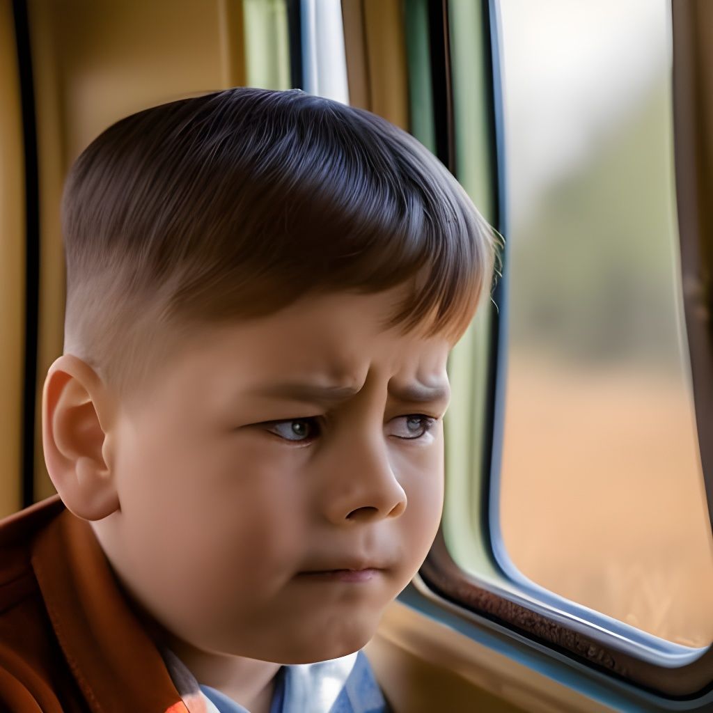 Sad Boy in Vintage Train, Hyperrealistic Art