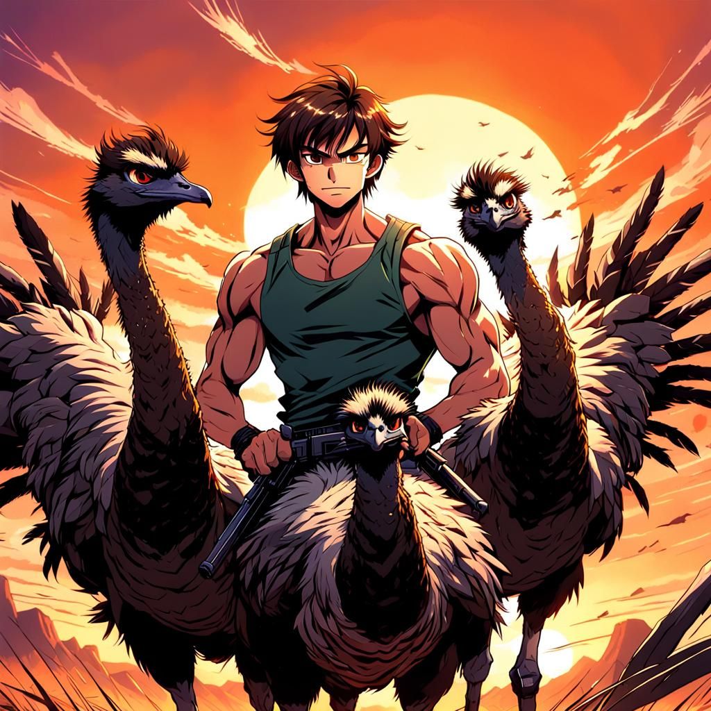 Anime Man Rides Emu in Manga Action Scene