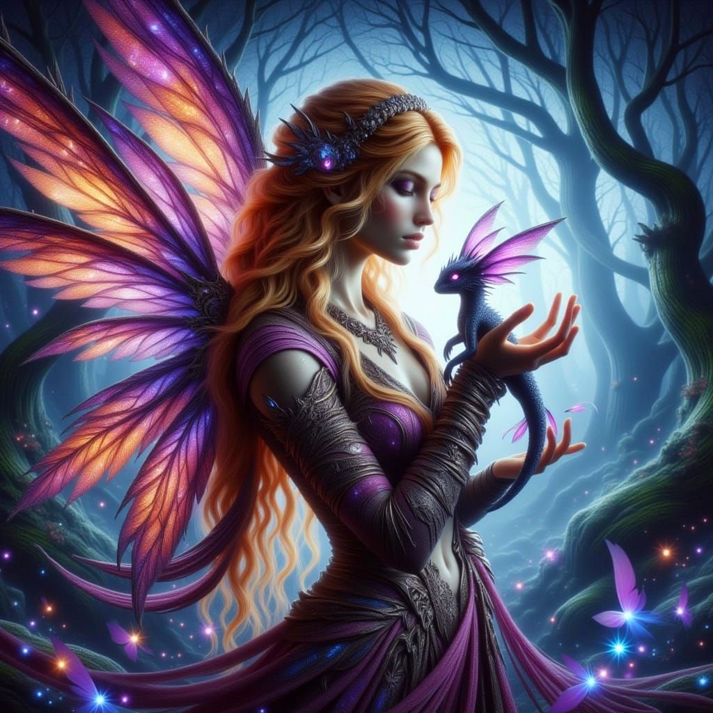 Mystical Fairy and Dragon Dance in Neon Holographic Swirls