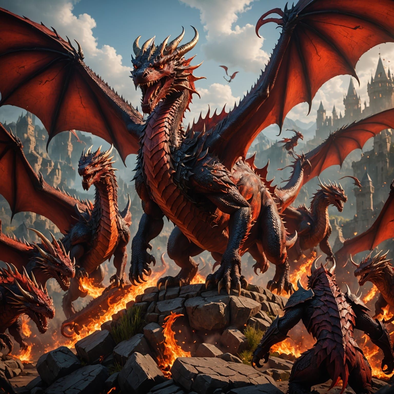 Fantastical Army of Red Fire Dragons in Intricate Matte Pain...