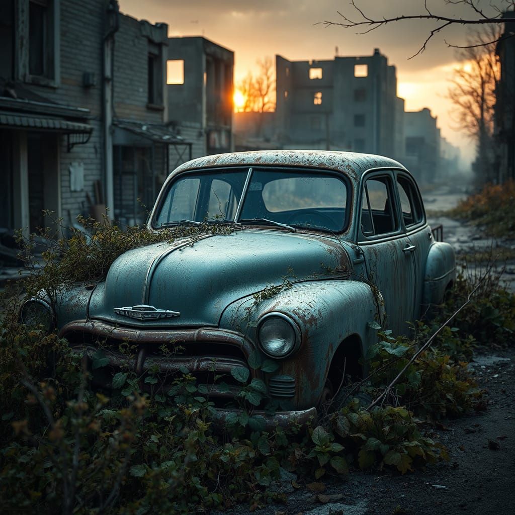 Post-Apocalyptic Abandoned Car Buried by Nature in a Ruined ...