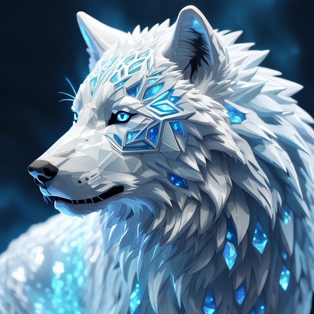 Crystal White Wolf in Futuristic, Iridescent Hues