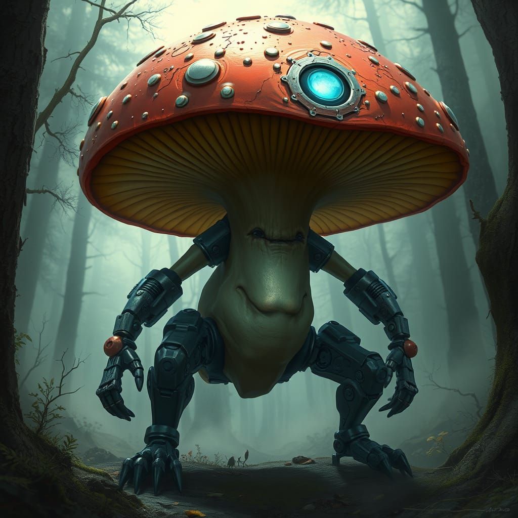 Cyborg Mushroom in Misty Forest Art