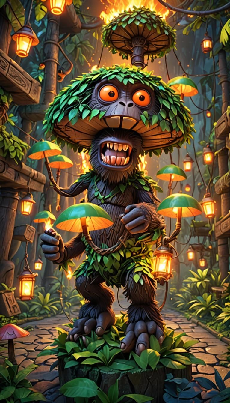 Monkey Tiki Monster Terror in Jungle: 3D Digital Art