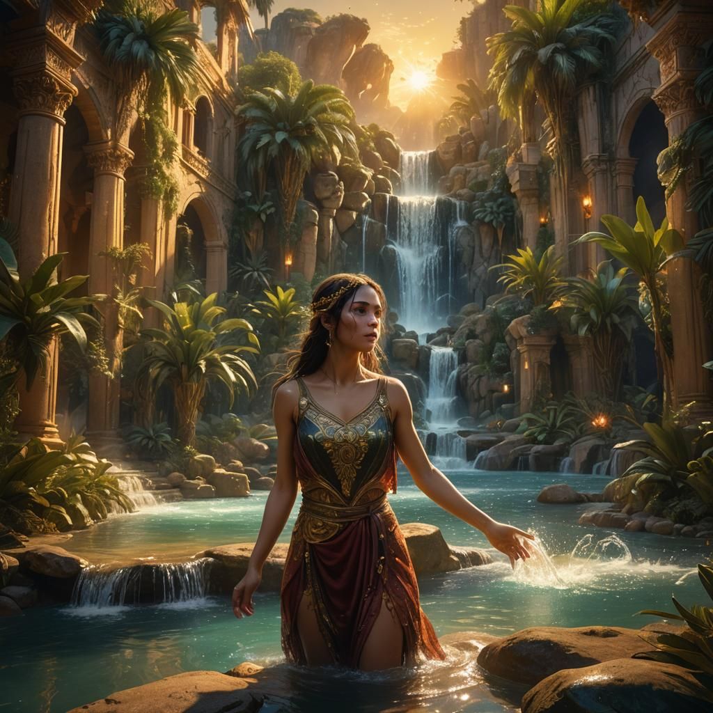 Oasis Sunset: Woman in Golden Light, Matte Painting