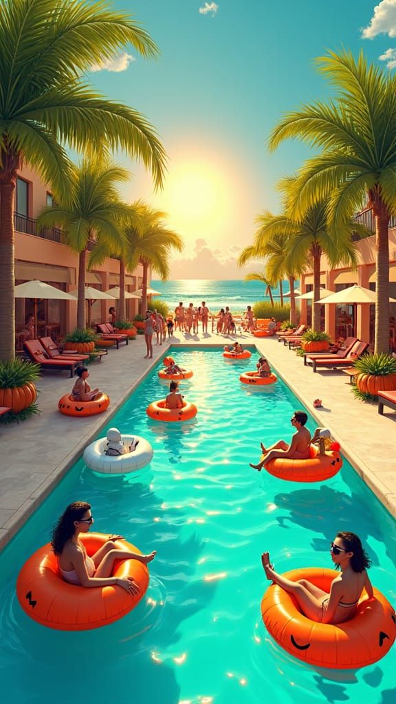 Halloween Pool Party in Playful Digital Illustration Style