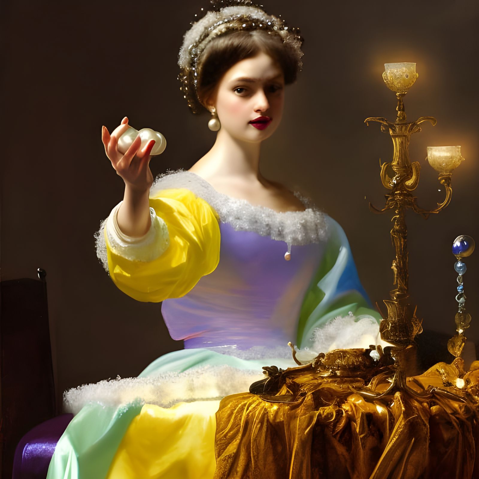 Opalescent Pearls in Hand, Vermeer Style