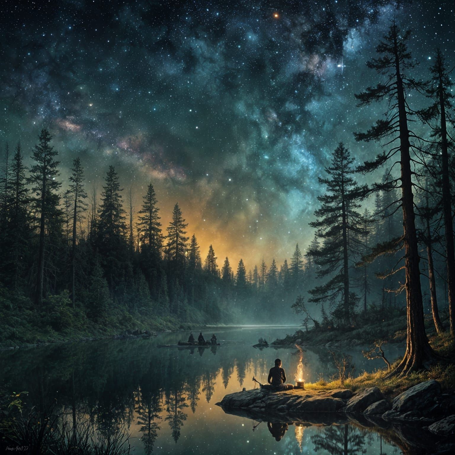 Cosmic Forest Lake in Dreamy Dark Fantasy Style