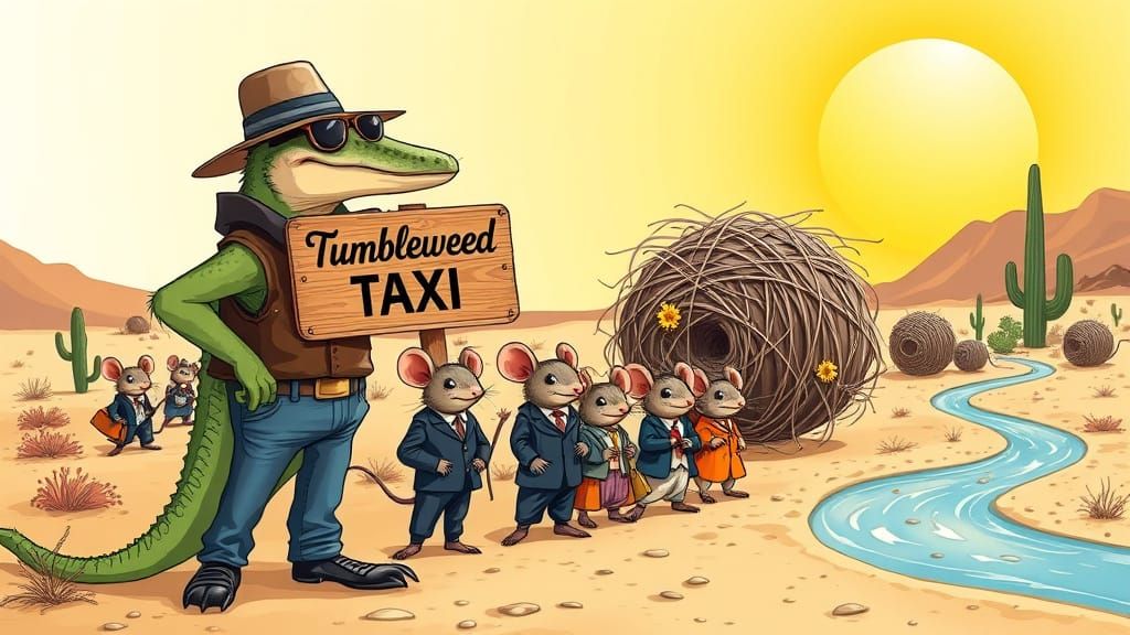 Western Desert Lizard Taxi Stand in Vibrant Whimsy