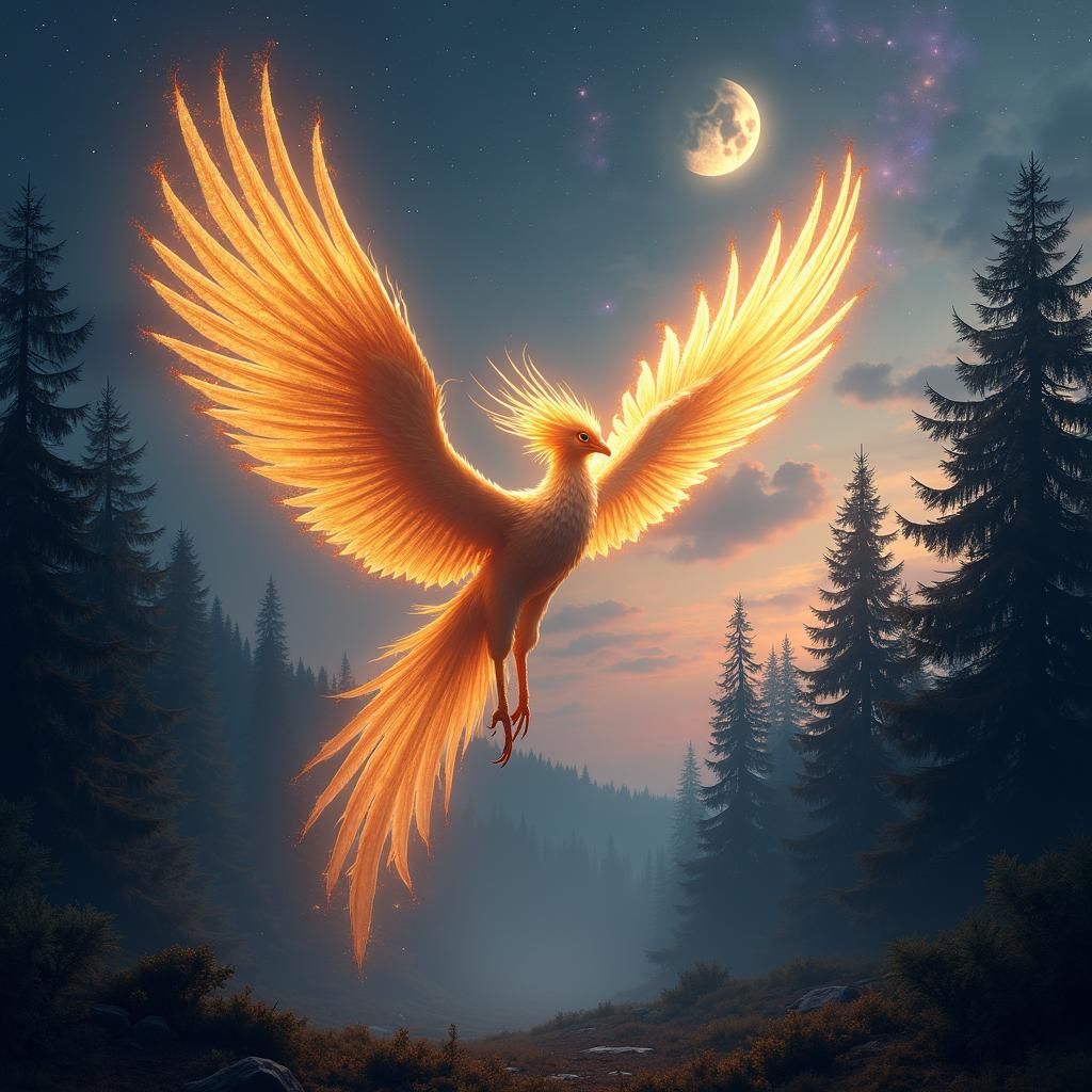 Golden Phoenix Soaring Over Mystical Forest
