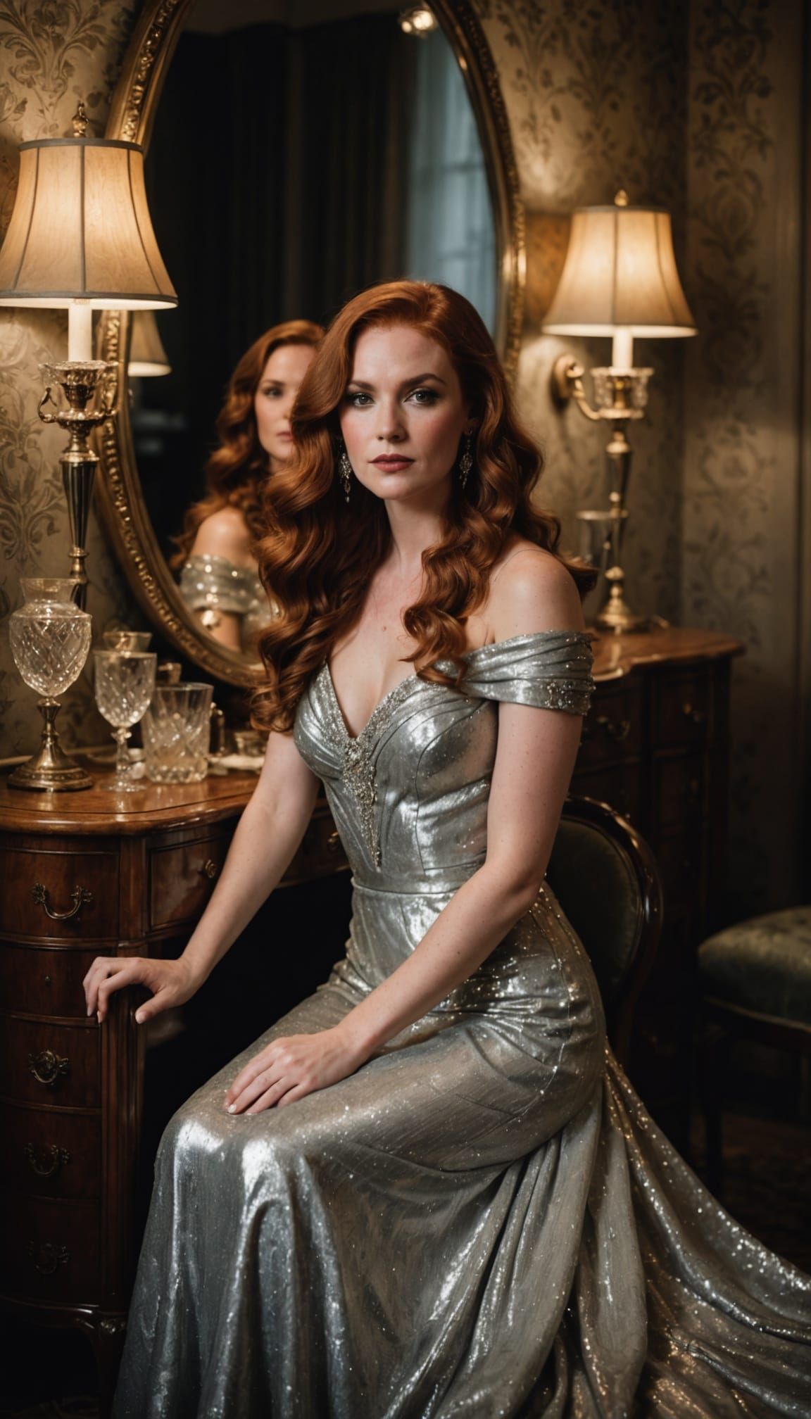 Glamour Portrait of Woman with Auburn Hair at Vanity