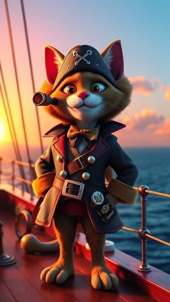 Pirate Cat Captain on Deck at Sunset as 3D Art