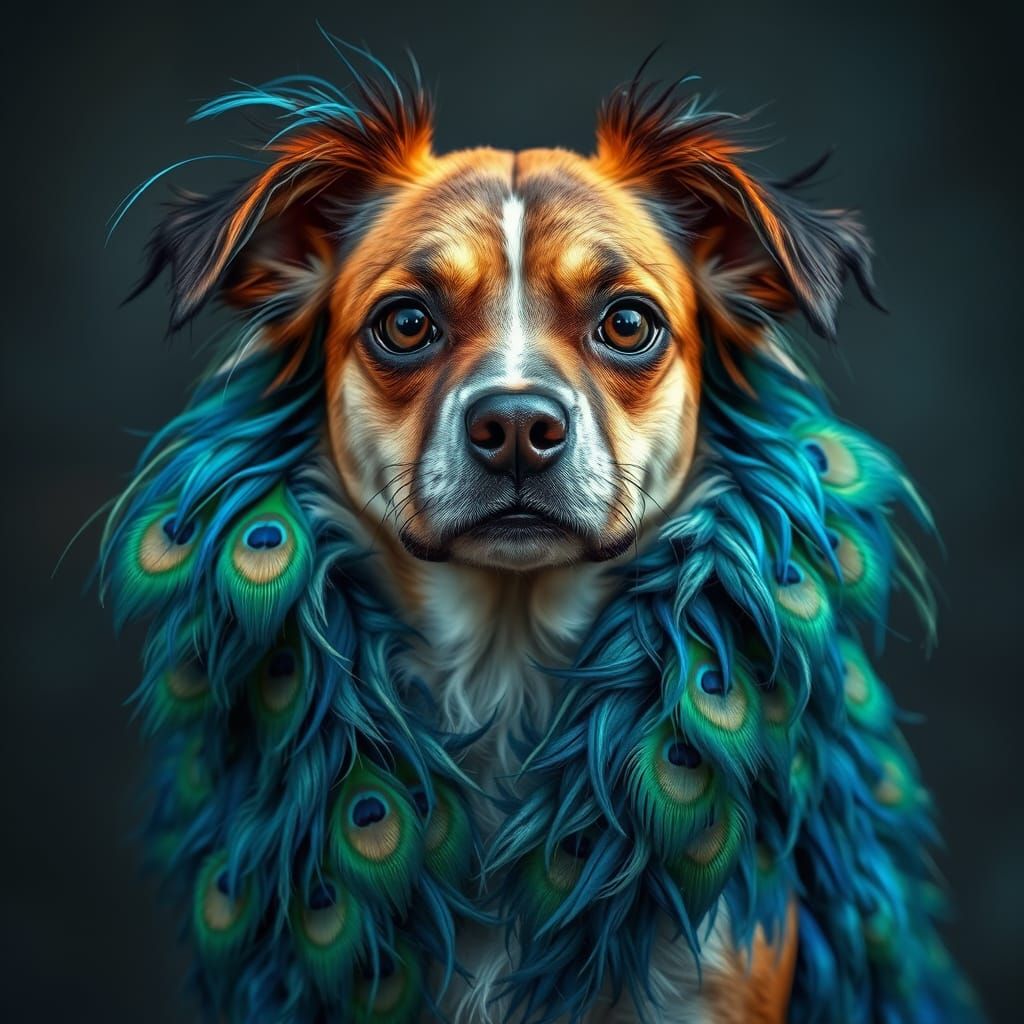 Dog with Peacock Feathers in Surrealist Style