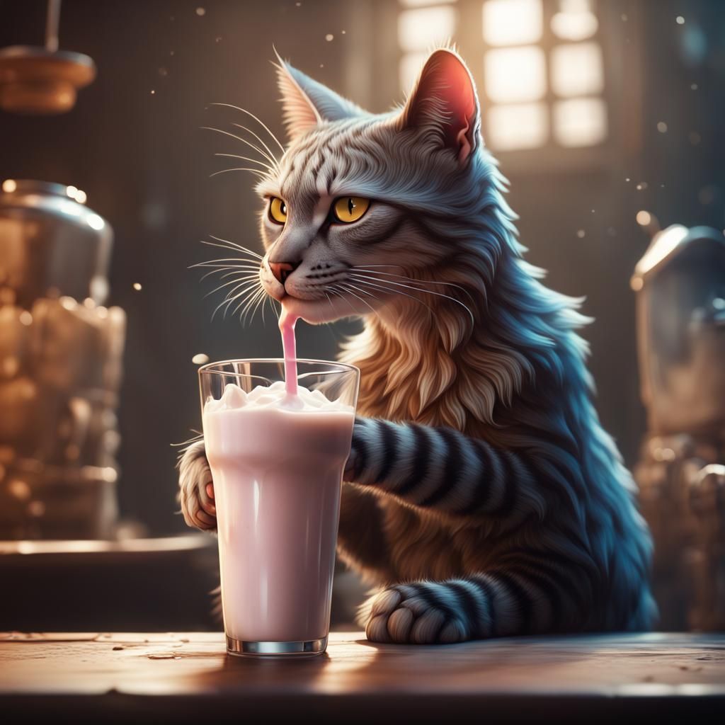 Cat Sipping Milkshake: Detailed Fantasy Art