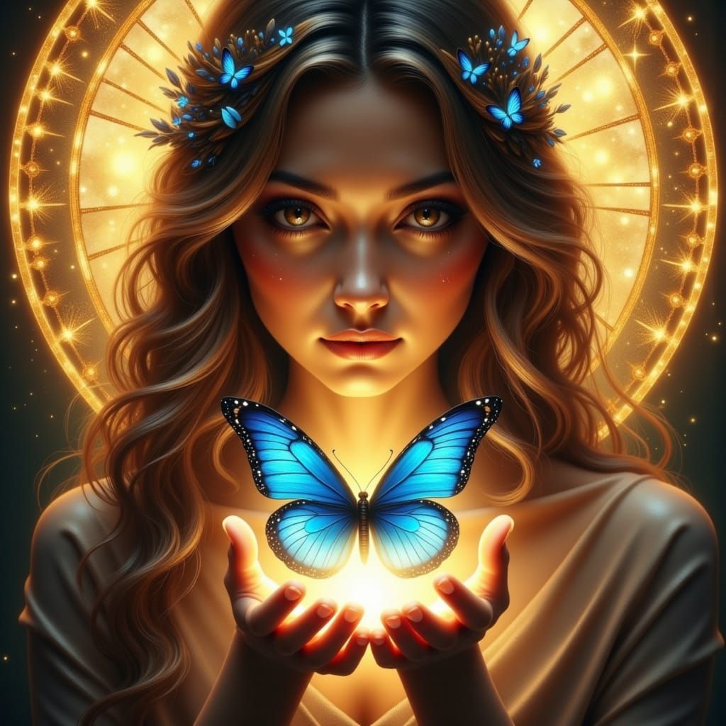 Ethereal Portrait of a Woman with Glowing Butterfly