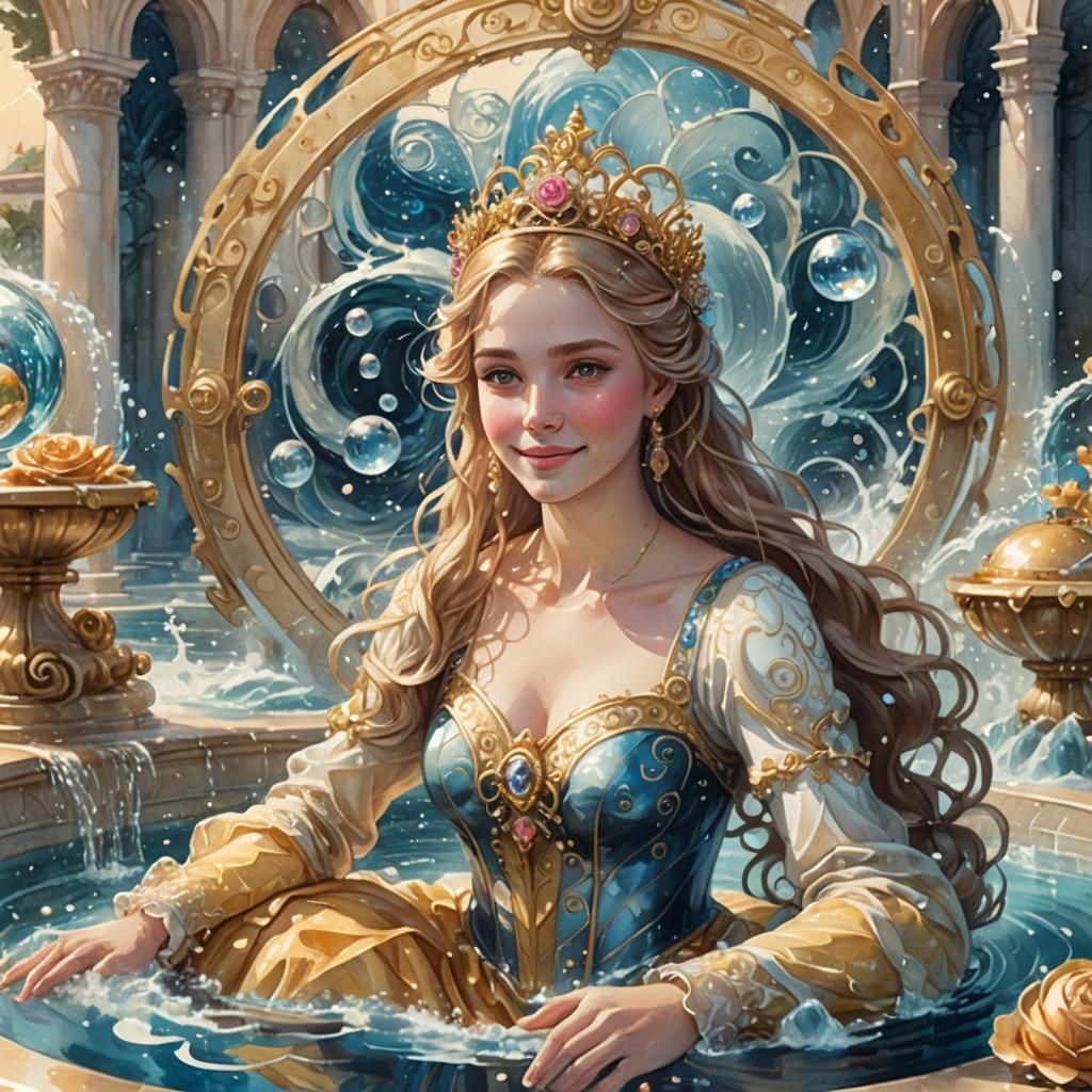 Princess at Fountain with Ocean Waves in Fantasy Art