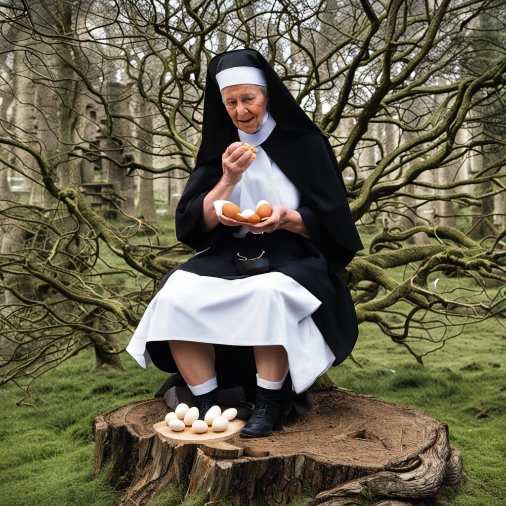 Scottish Nun Eats Eggs on Tree Stump