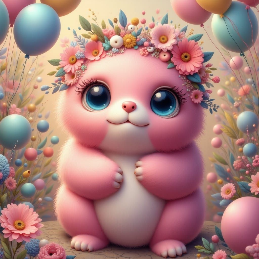 Cute Pink Monster with Balloons in Dreamlike Setting