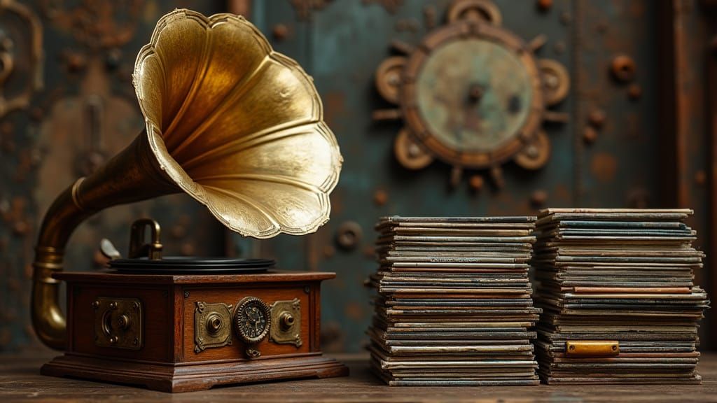 Steampunk Vinyl Gramophone in Intricate Gears and Brass Deta...