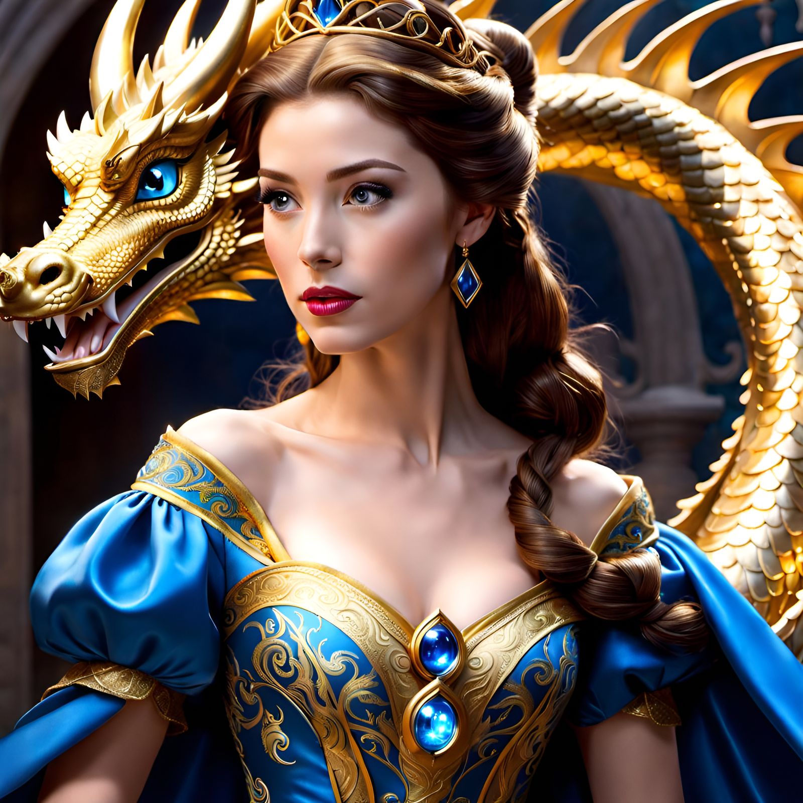 Princess Belle in Dragon Dress: Golden Age Illustration