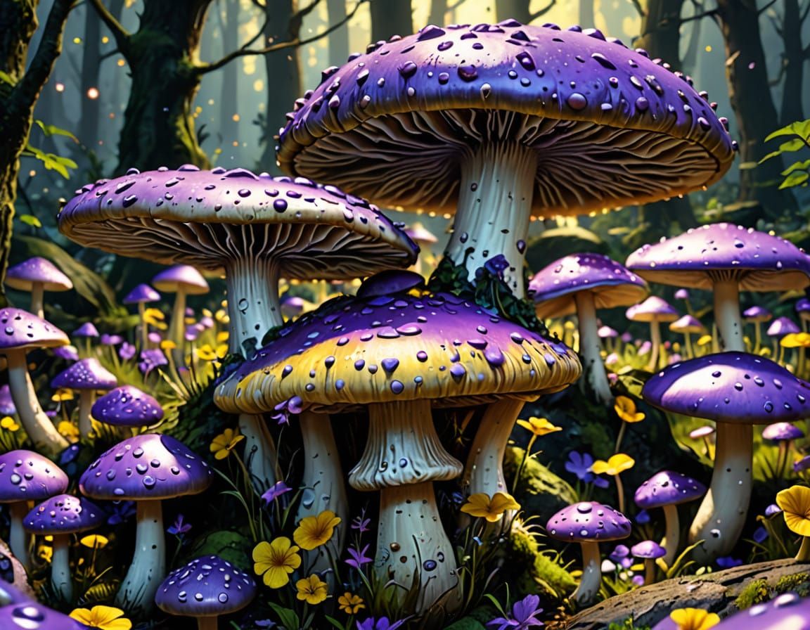 Dark Fantasy Toadstools in Vibrant Purple and Yellow