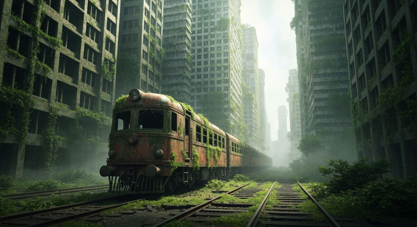 Ethereal Overgrown City: Abandoned Train in Post-Apocalyptic...