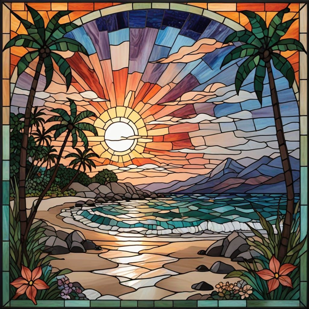 Tropical Beach Sunset in Stained Glass Style
