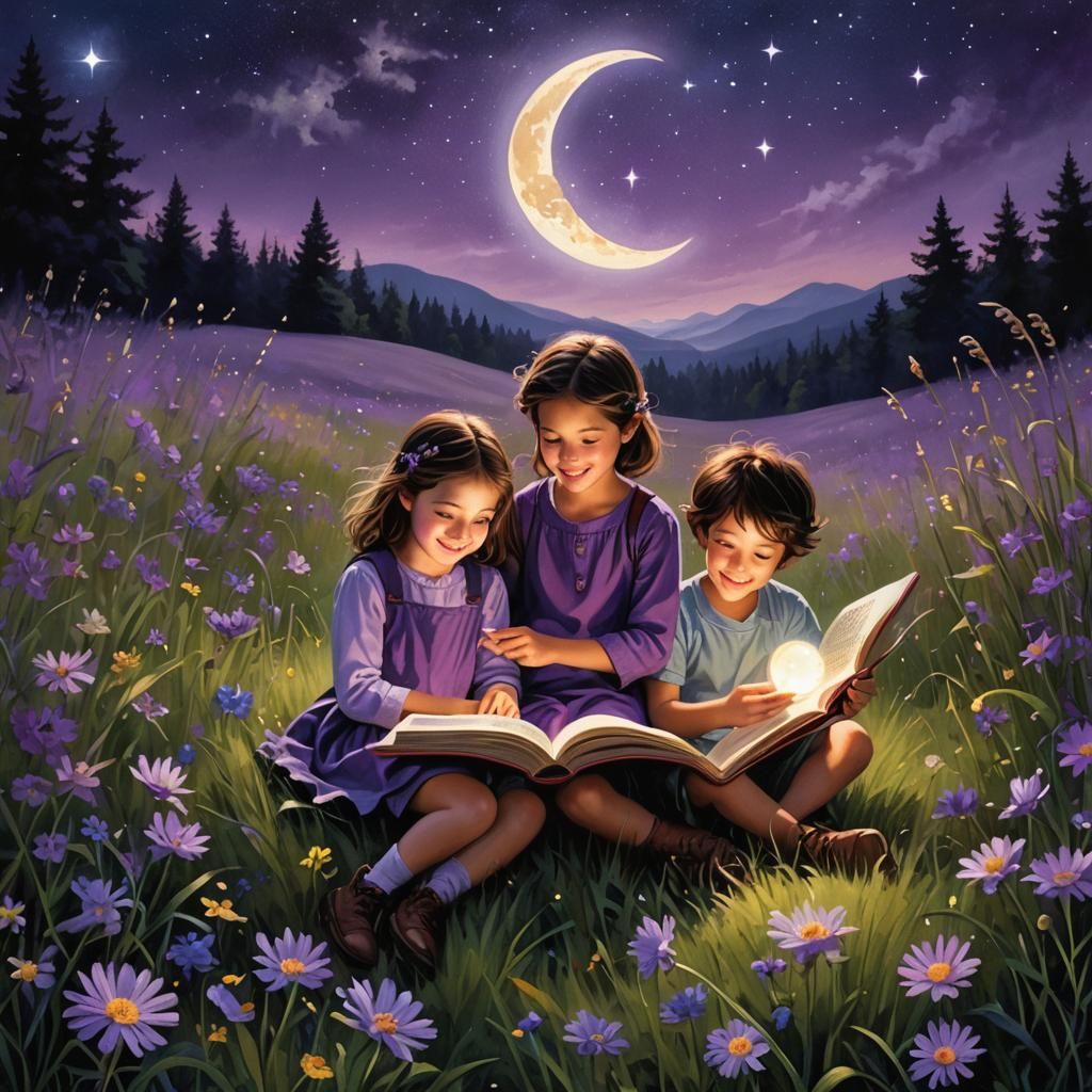 Children Reading Books in Moonlit Meadow