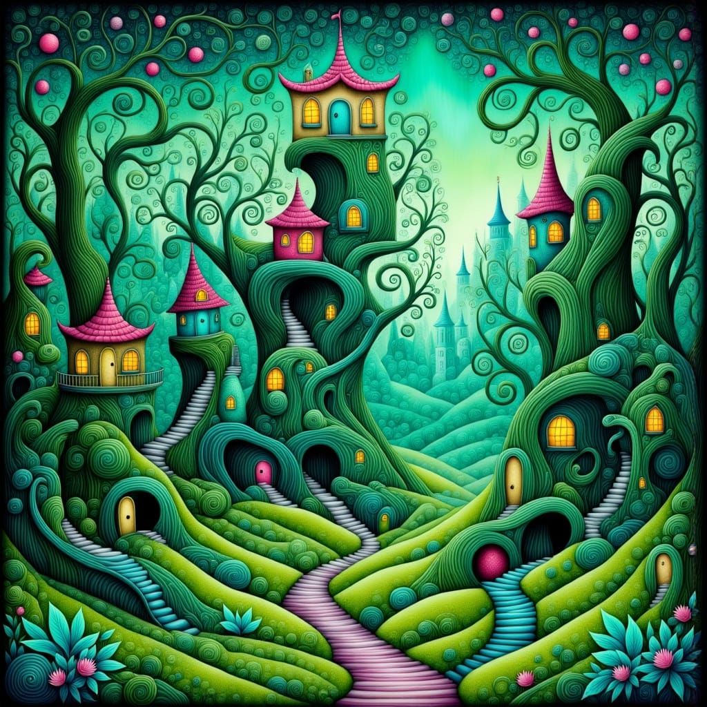 Mystical Forest with Whimsical Treehouses in Vibrant Green
