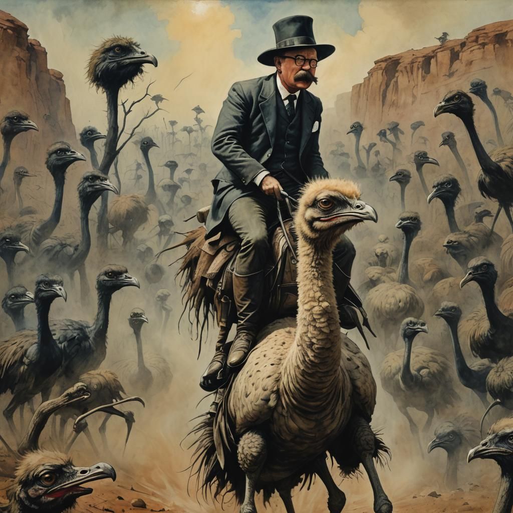 Roosevelt Rides Ostrich: Gouache-Style Impressionist Masterp...