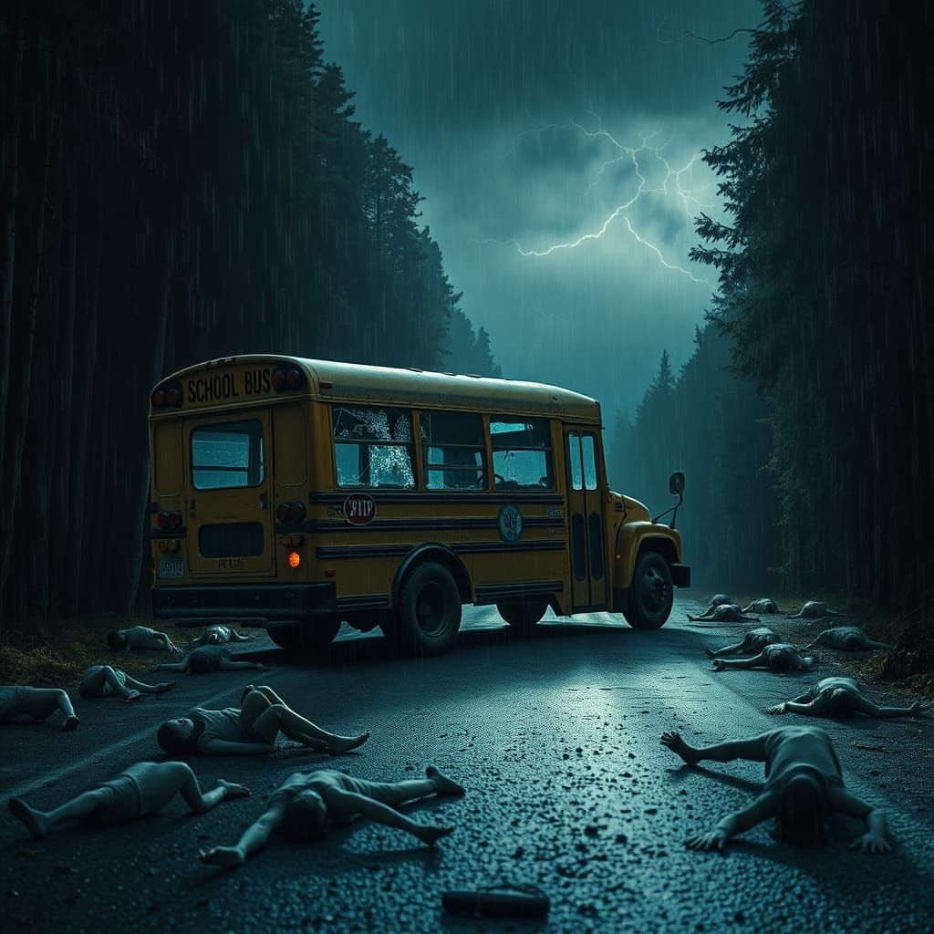 Abandoned Zombie School Bus in Stormy Forest
