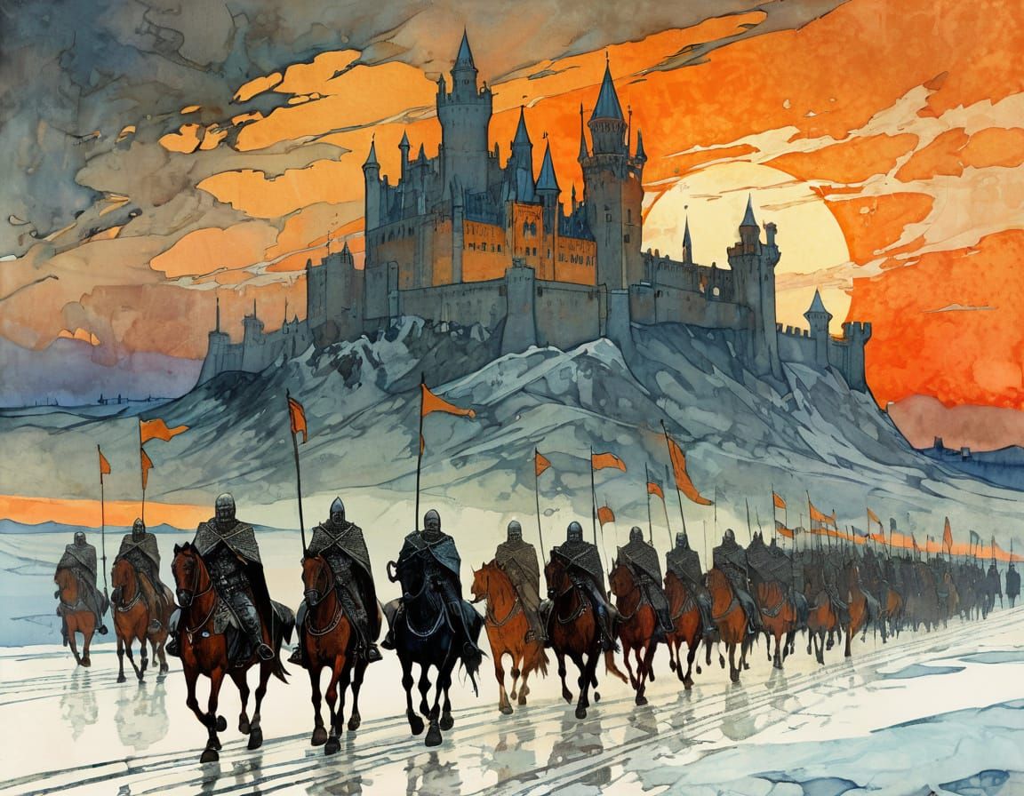 Gothic Knights March Out on a Frozen Winter Battlefield