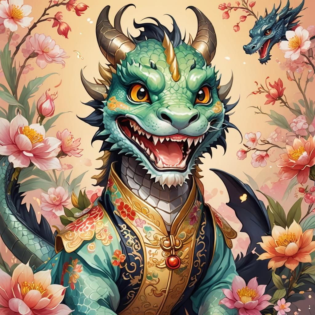 Cute Eastern Dragon Cartoon Illustration
