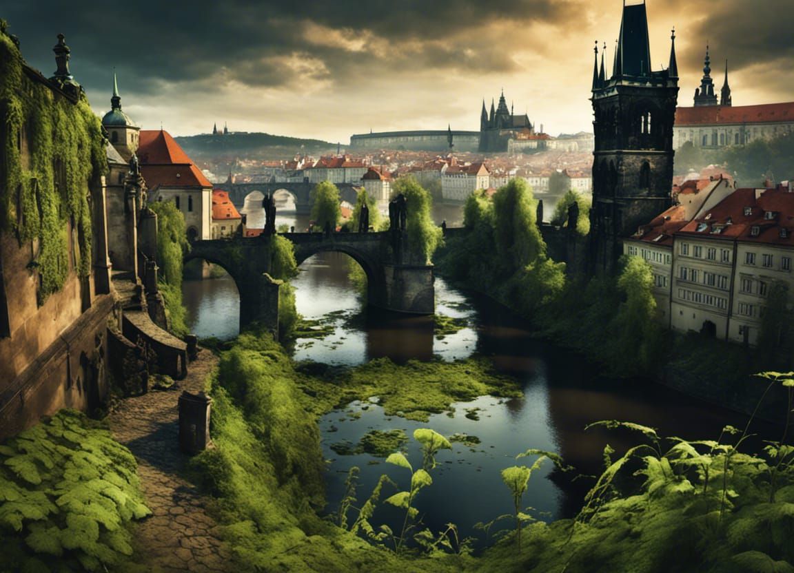 Charles Bridge, Prague, post apocalypse, neglected, decayed, covered in weeds,
