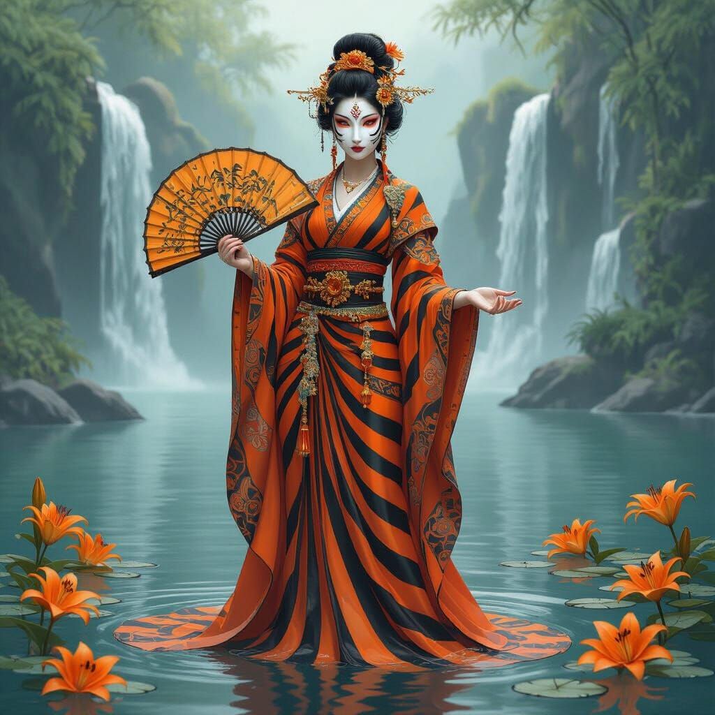 Goddess in Tiger Mask by Misty Waterfalls