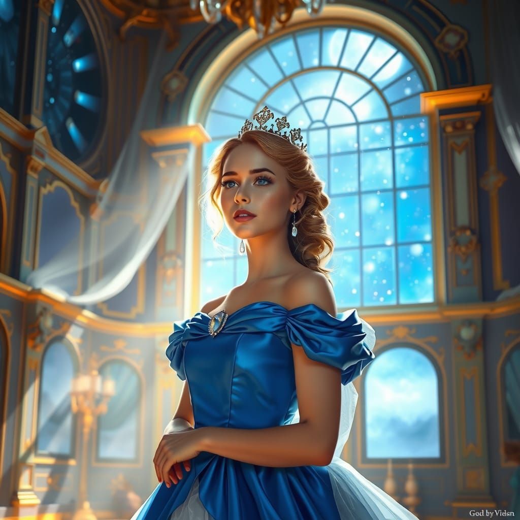 Princess in Blue Gown in Moonlit Ballroom Digital Painting