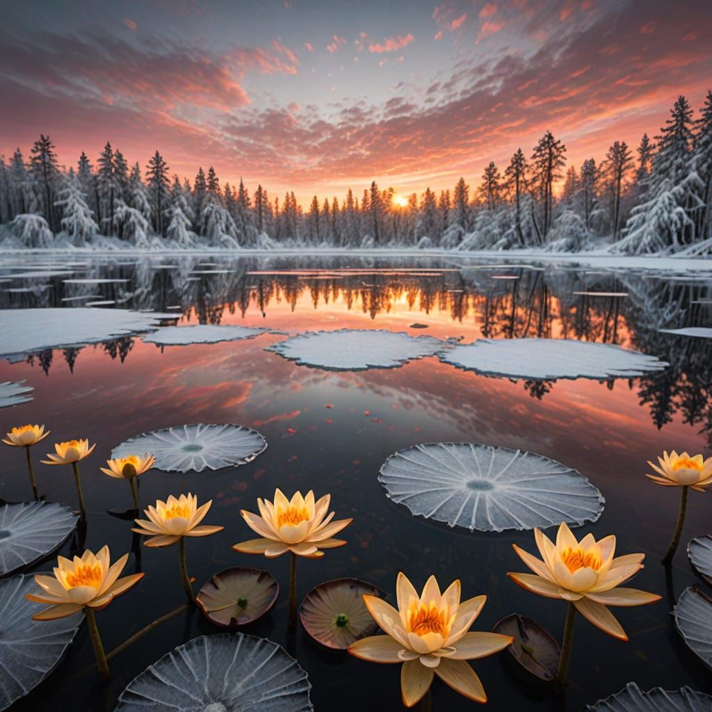 Winter Sunset with Blooming Water Lilies in Frosty Serenity