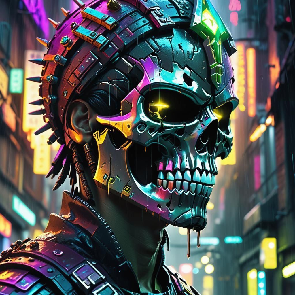Cyberpunk Warrior with Skull Crown in Neon Alley