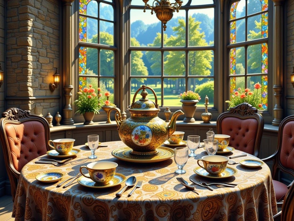 A Whimsical Teapot Setting in Post-Impressionist Style