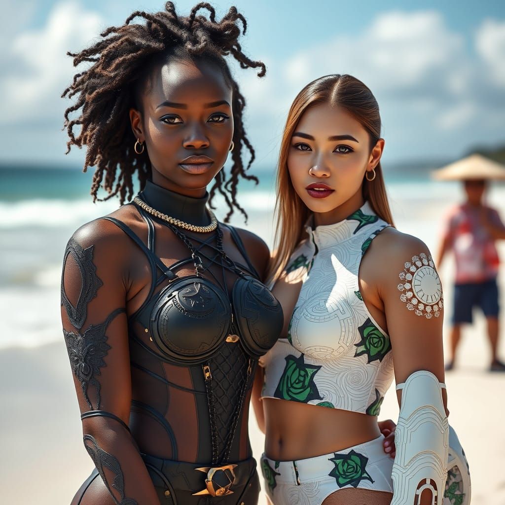 Beautiful Women in Futuristic Streetwear on Okinawa Beach