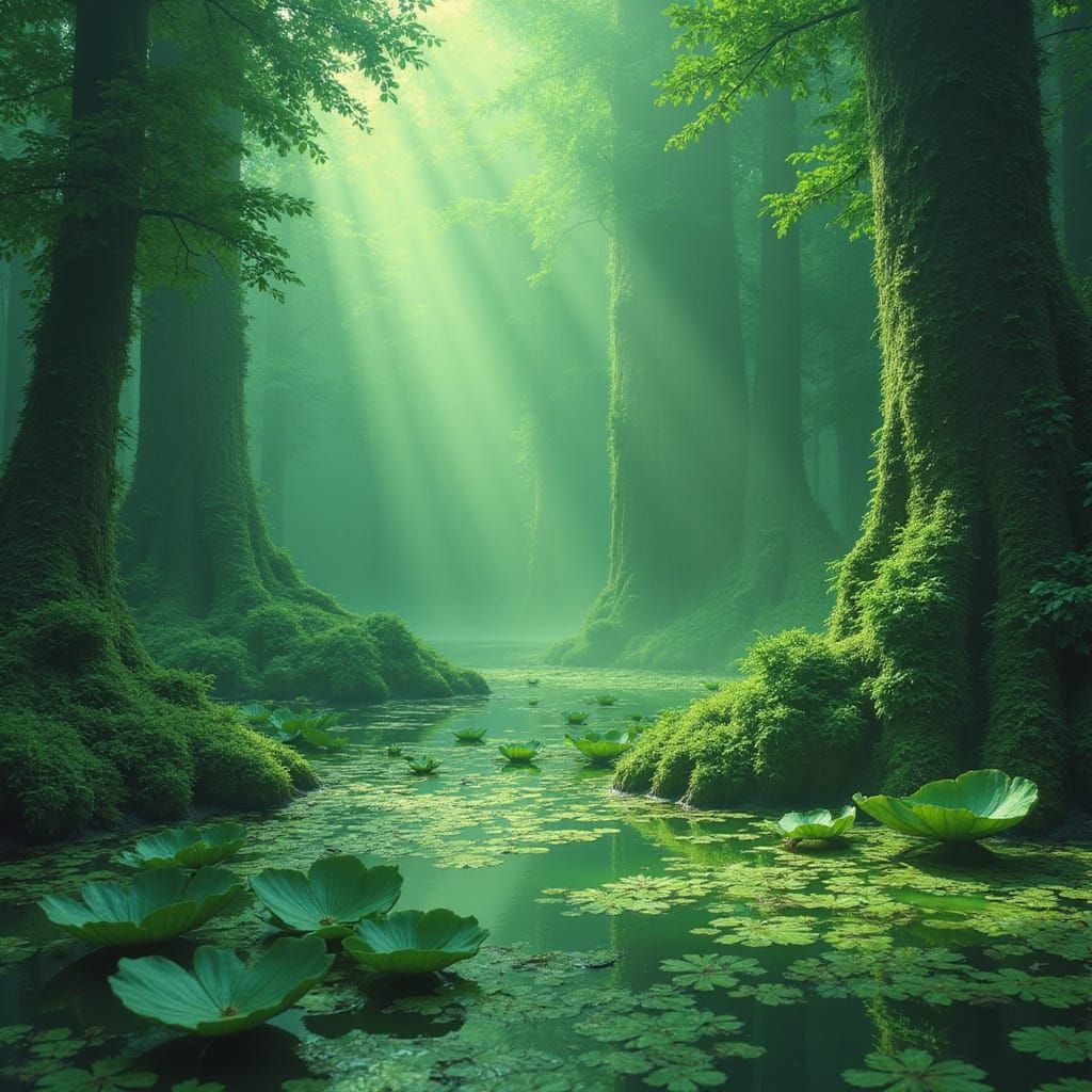 Dreamy Lush Green Landscape with Ethereal Mist